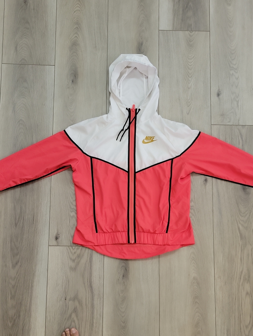 Nike Coral and White Hooded Kids Windbreaker with Gold Logo